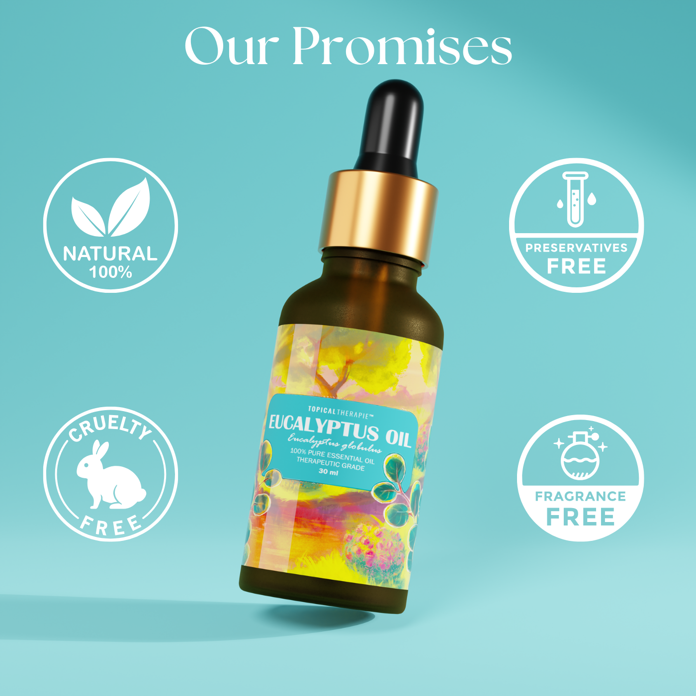 Compact eucalyptus essential oil bottle with vibrant and simple branding elements