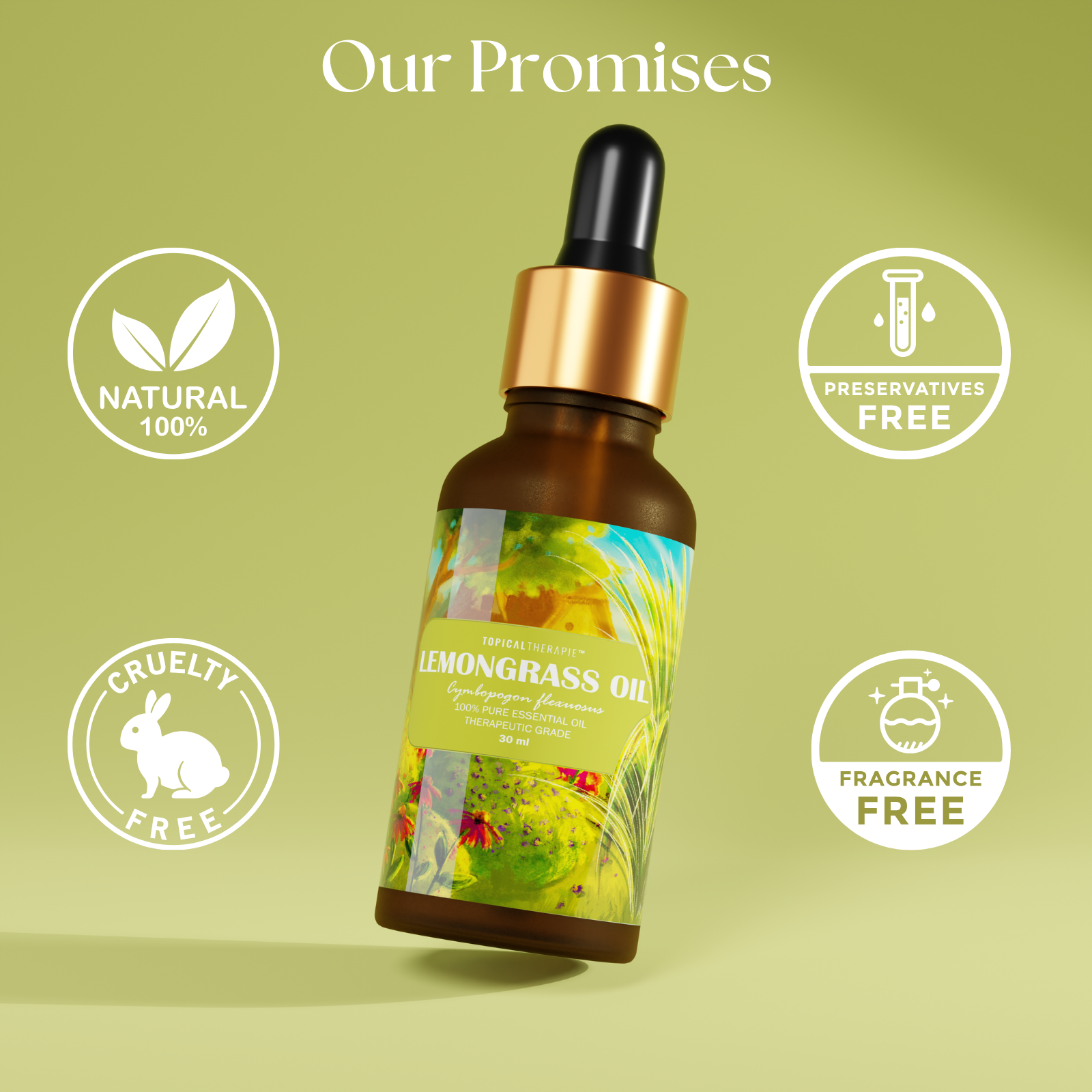 Lemongrass essential oil bottle with clear labeling on a white background