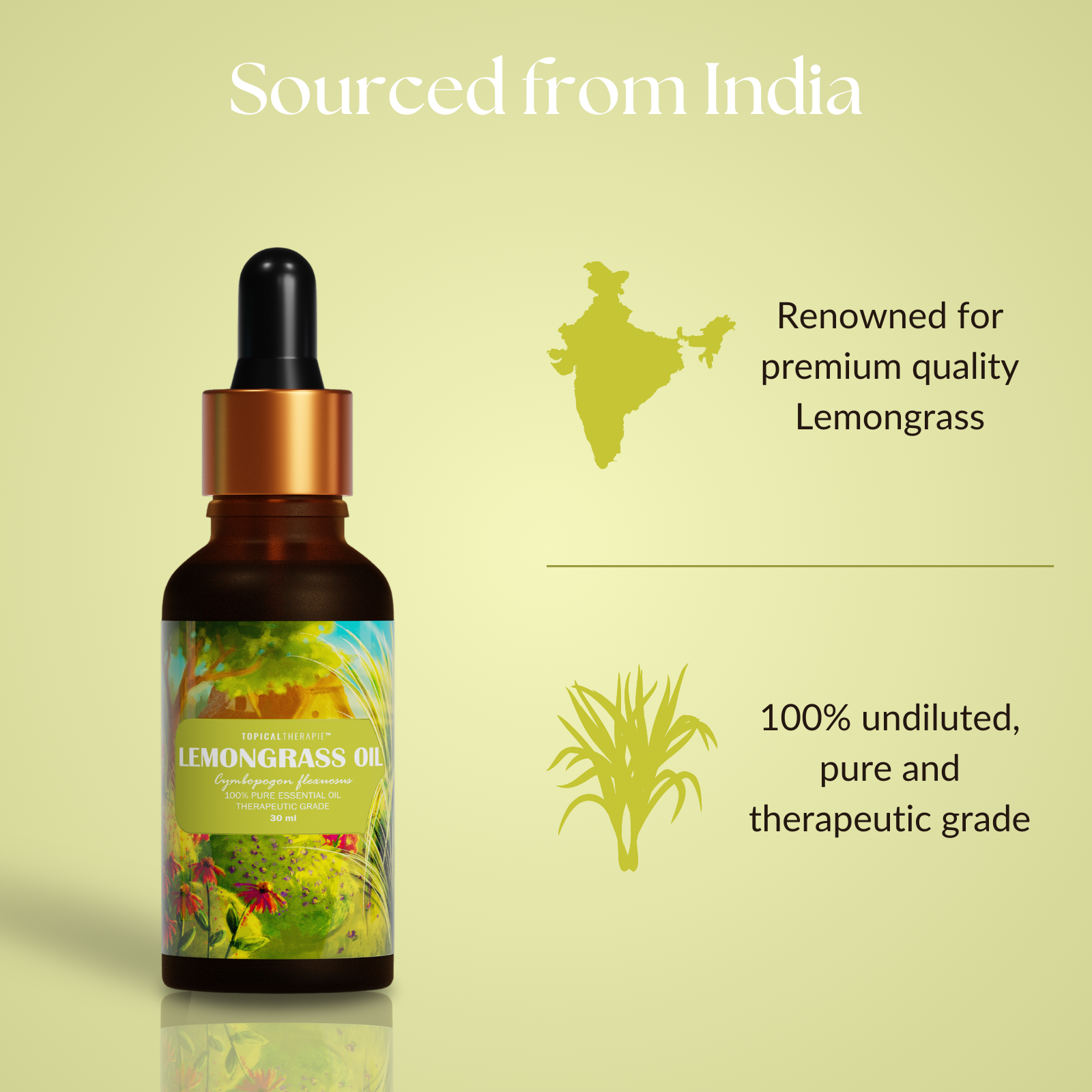 A lemongrass essential oil bottle against a neutral backdrop