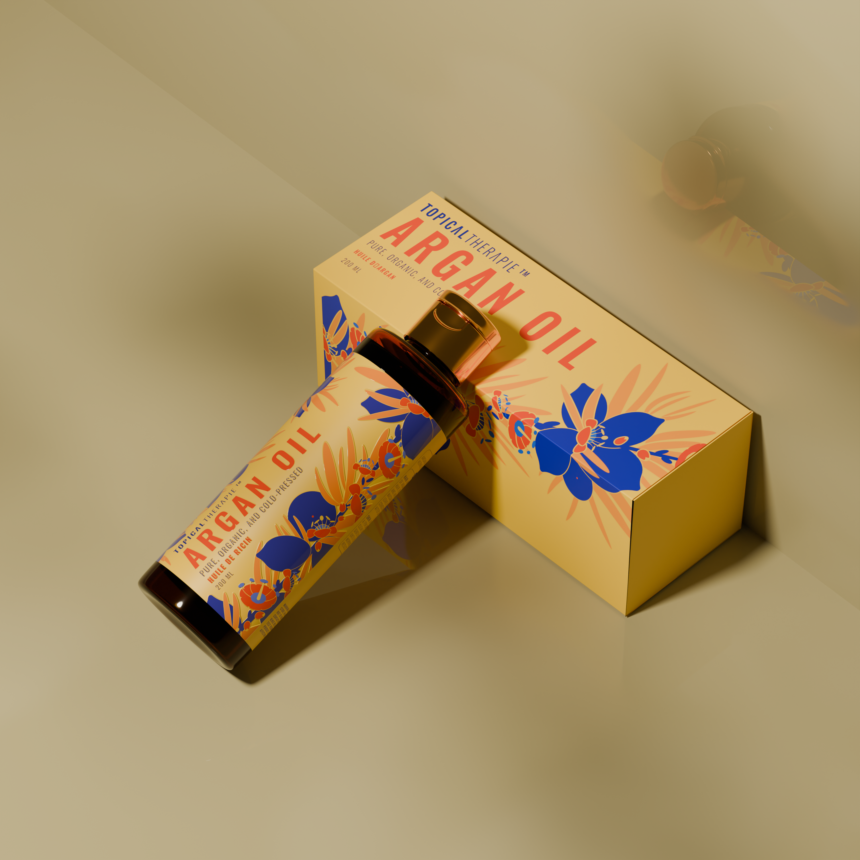 Argan oil bottle with a thematic design, showcasing its nourishing and hydrating benefits