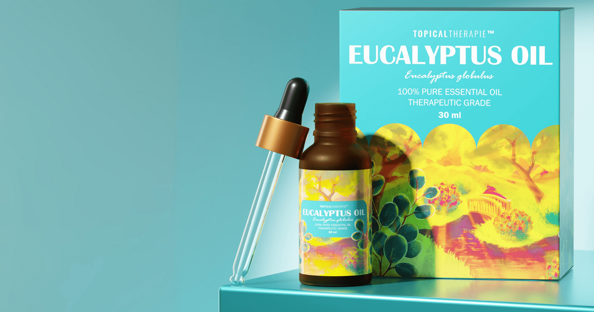 Eucalyptus Oil highlighted as 100% Pure Essential Oil and Therapeutic Grade