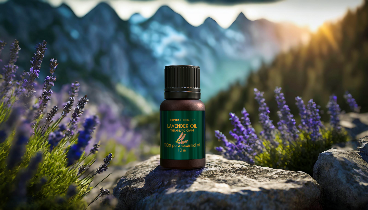 Bottle of Topical Therapie's lavender essential oil with its calming and soothing properties