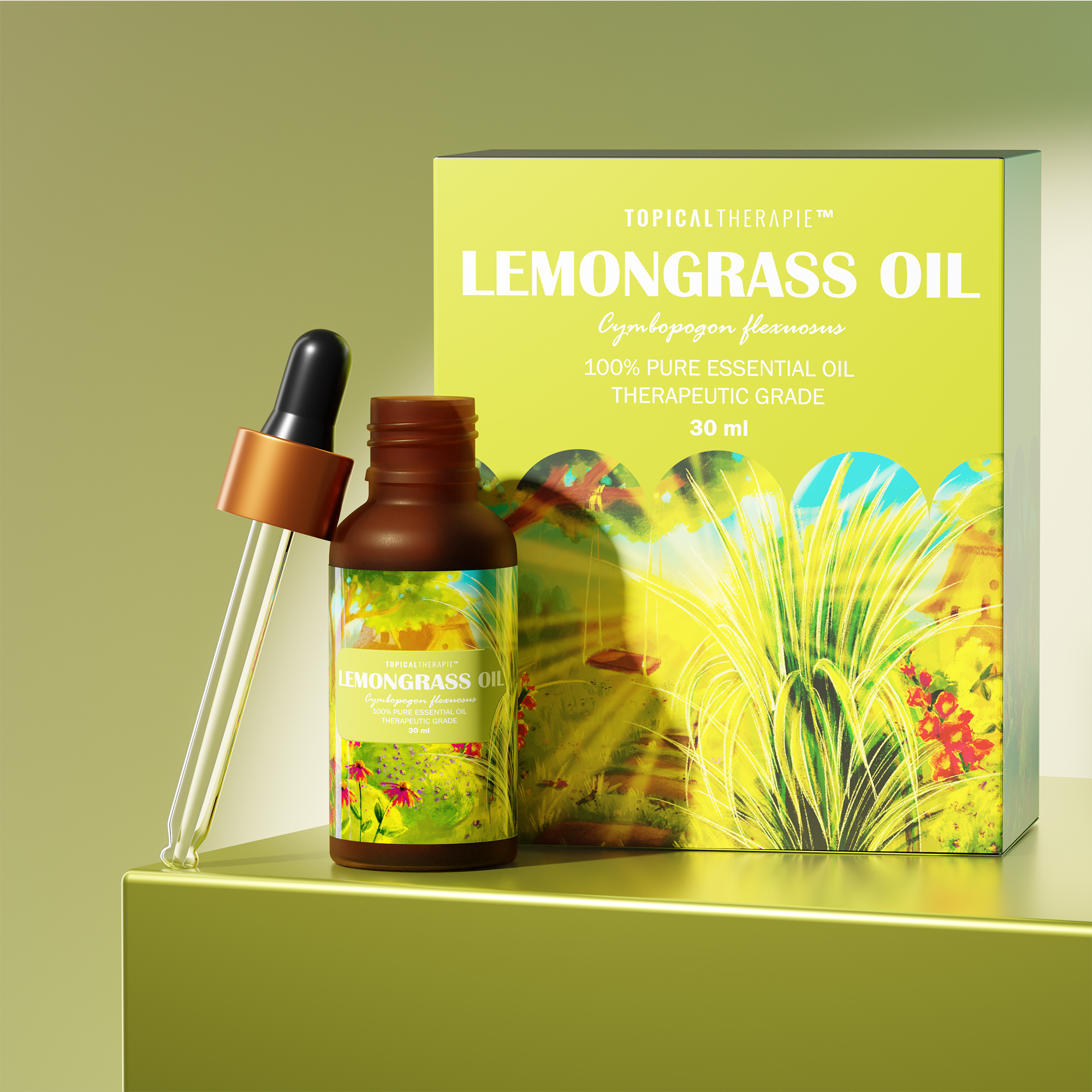 Lemongrass essential oil product with sleek packaging and vibrant branding