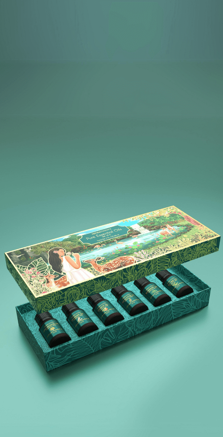 A rectangular box displaying 6 Essential Oil on its surface.