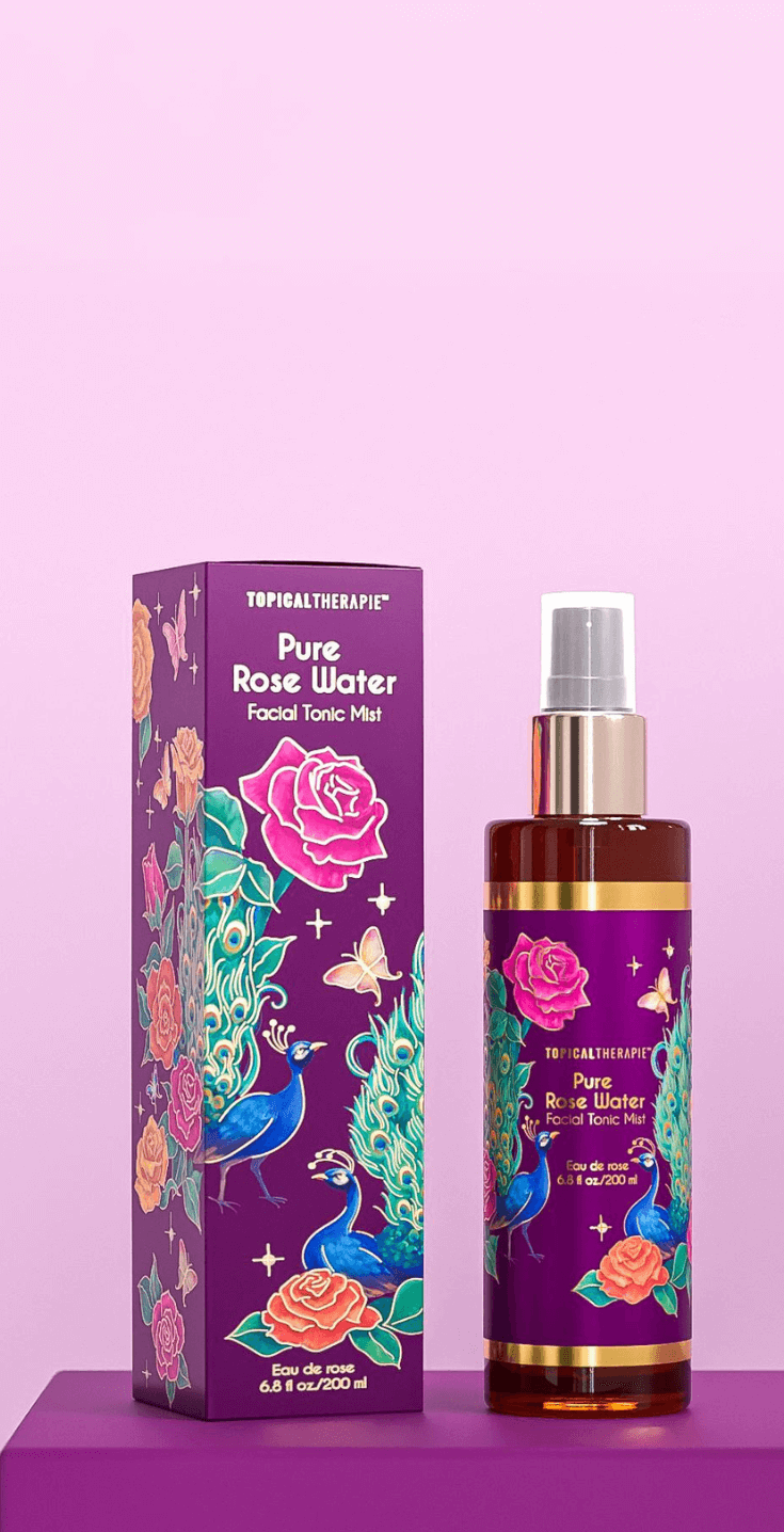 A bottle of Pure Rose Water facial mist.