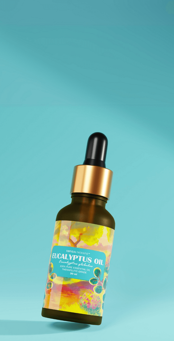 Amber glass bottle of eucalyptus essential oil