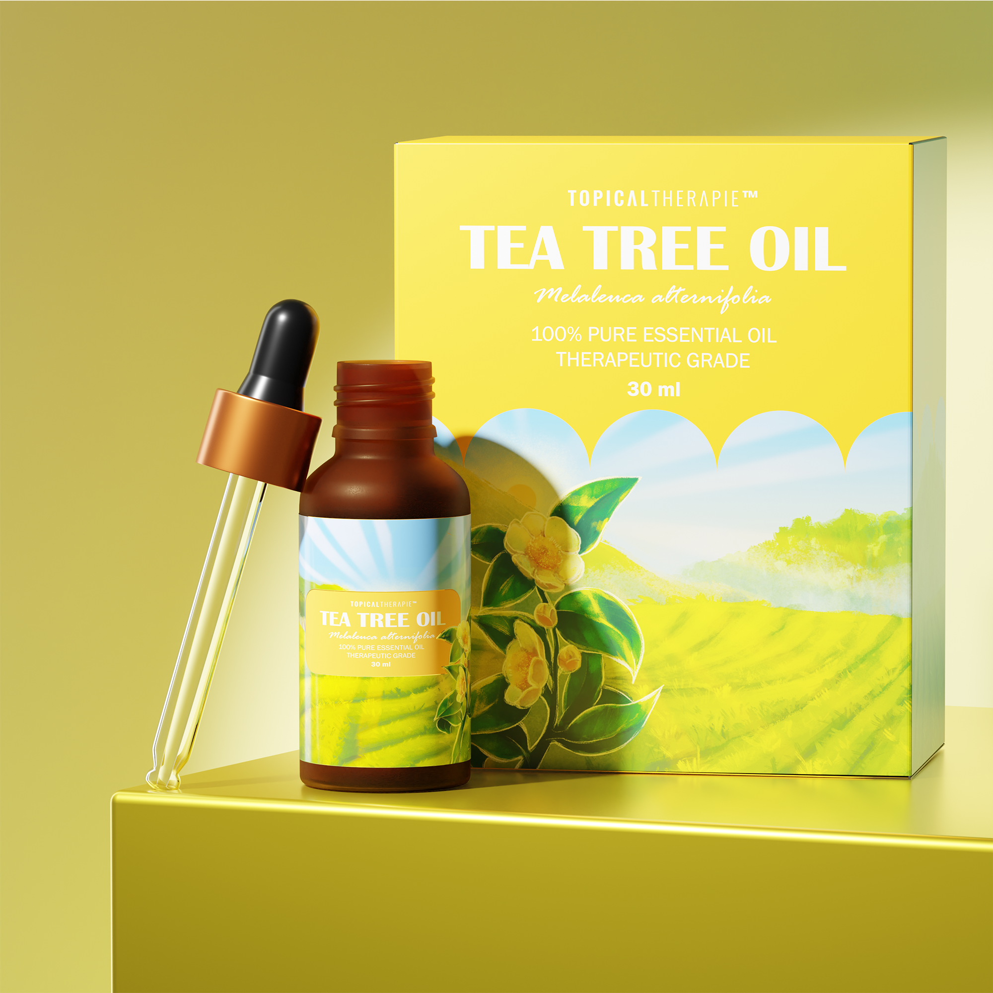 Tea Tree essential oil, showcasing its natural purity and benefits for skincare